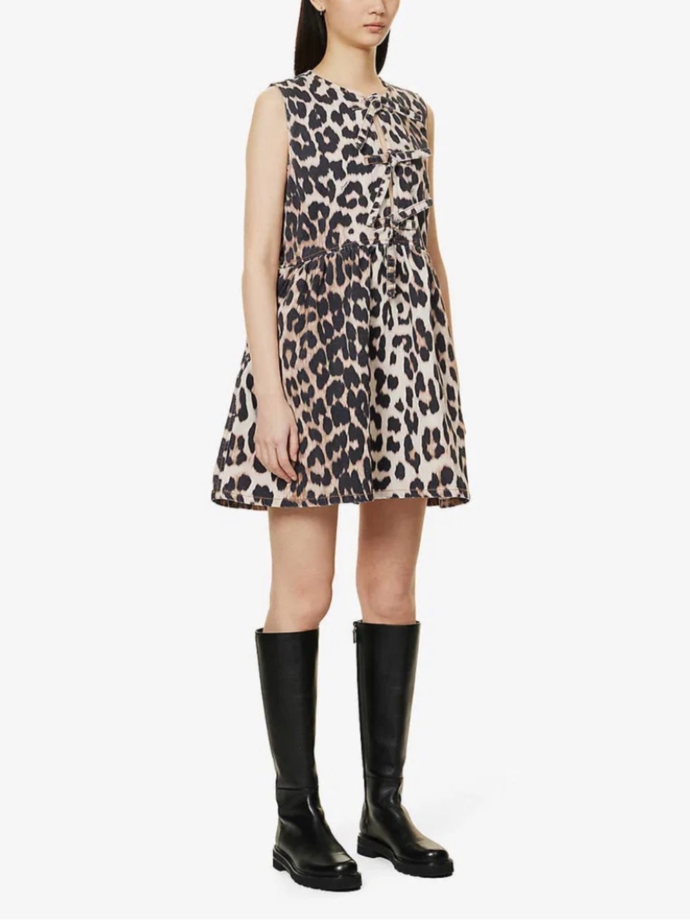 Ganni Leopard-Print Tie-Front Sleeveless Mini Dress in Beige and Black - Sz 6